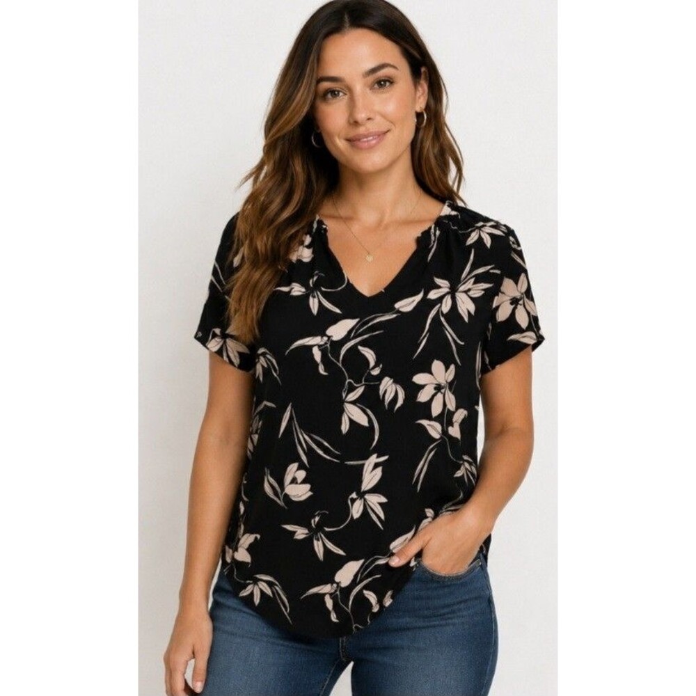 Banana Republic Sz Small Black Floral Blouse V Neck Short Sleeve Stretch Pull On